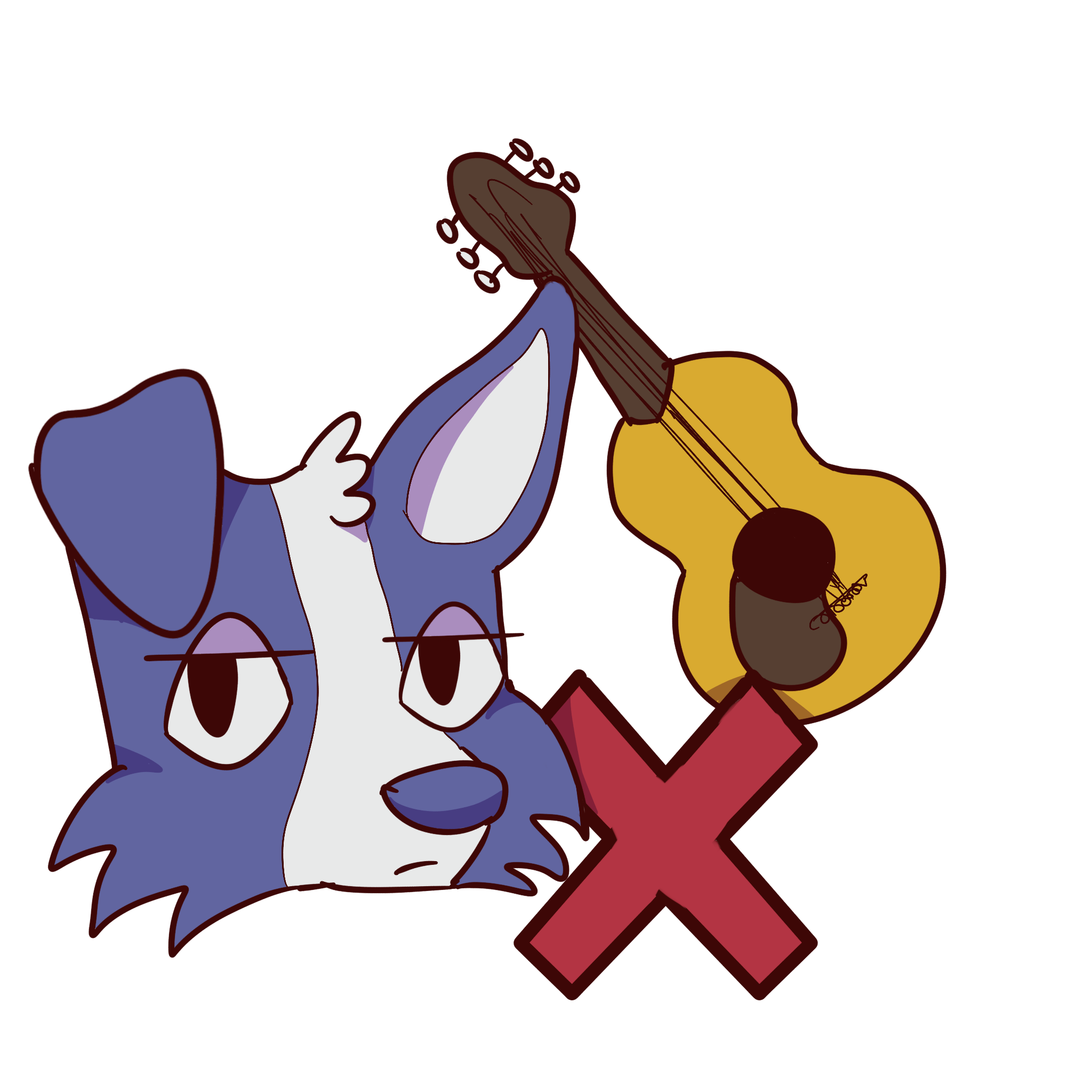  a blue dog glaring at the camera next to an acoustic guitar and a red x